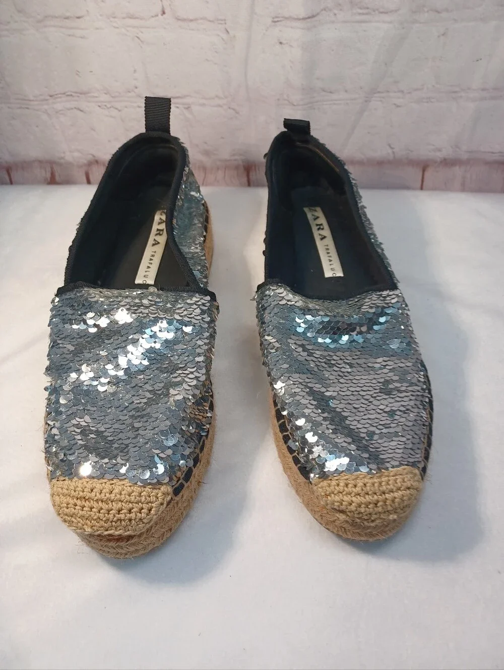 zara trafaluc silver sequin espadrille loafers flats sparkle shoes eu 38 us 7.5